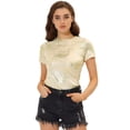 thumbnail image 1 of INSPIRE CHIC Women's Party Metallic Textured Short Sleeve Shiny Multicolor Top Light Gold L, 1 of 5
