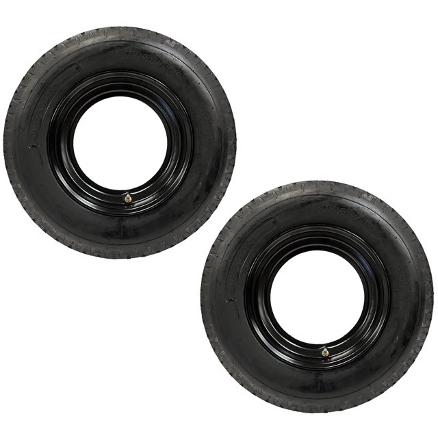 eCustomRim 2-Pack Mounted Heavy Duty Highway Homaster Trailer Tire 8-14.5 LRG 14.5 in. 6x14.5 in. Rim Wheel RV Donut Style Load G for Mobile Home RV. Includes black steel rims with open center design and bias ply tubeless tires rated for 3100 lbs. load capacity and 115 PSI maximum pressure, ideal for mobile homes and RV trailers.