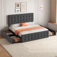 thumbnail image 4 of King Size Bed Frame with 4 Storage Drawers and Headboard, Linen Upholstered Platform Bed Frame with Wooden Slats Support, Button Tufted Design, No Box Spring Needed, Dark Grey, 4 of 9