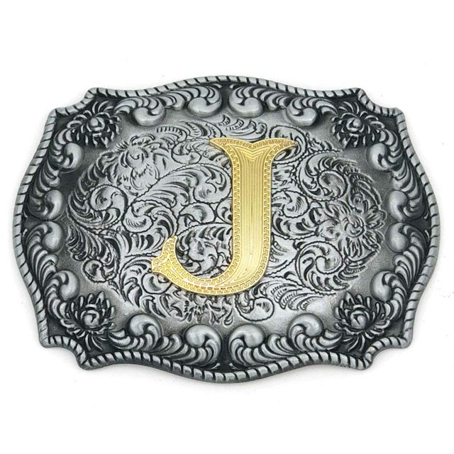 HUABOLA CALYN Western Belt Buckle Initial Letters ABCDEFG to Y-Cowboy Rodeo Silver Large Belt Buckle for Men and Women (J) Upgrade