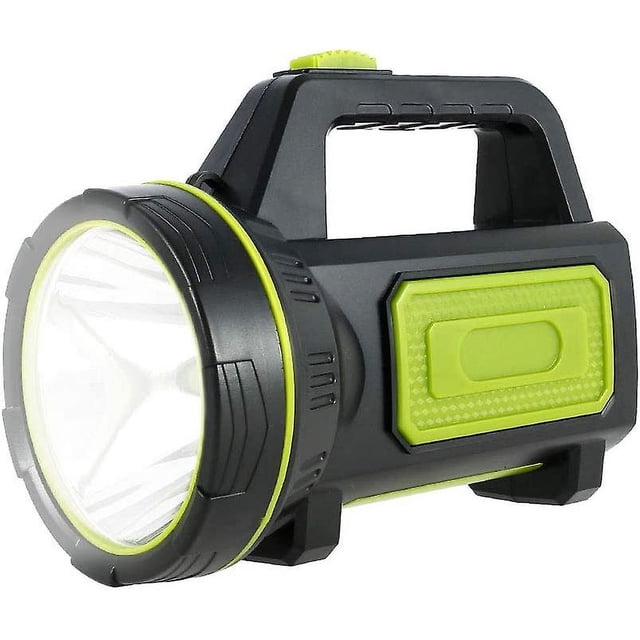 Usb Rechargeable Super Powerful Led Torch 135000 Lumens 6000mah High Power Waterproof Torch without Side Light featuring a durable black and green ABS body with a large LED lens. Designed for long-range illumination up to 1000 meters, it includes adjustable brightness modes and an IPX4 waterproof rating for outdoor use. Equipped with a 6000mAh rechargeable battery and USB charging capability, it offers up to 30 hours of runtime. Ideal for camping, emergencies, and general home use.