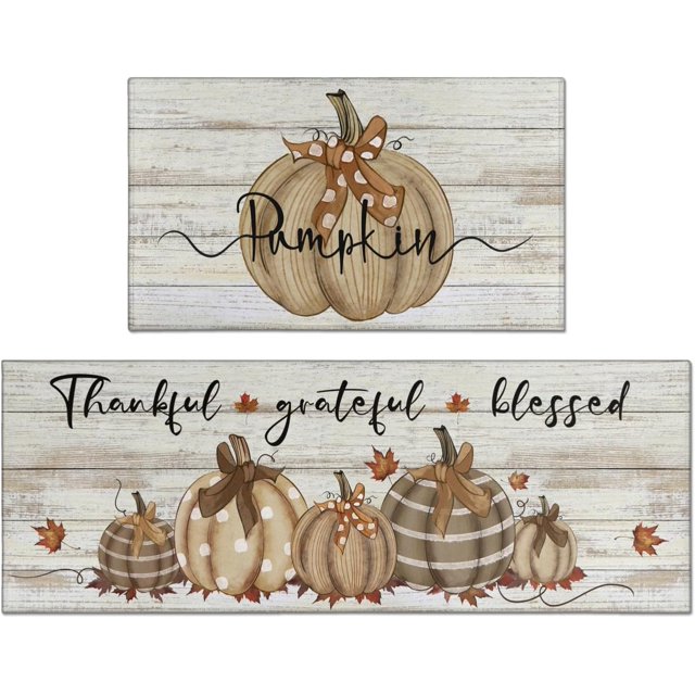 Fall Kitchen Rugs Fall Entrance Door Mat Pumpkin Non Slip Kitchen Rug Anti Fatigue Mats for Kitchen Floor Waterproof Washable Rug Runner for Kitchen Laundry17x30+17x47inch