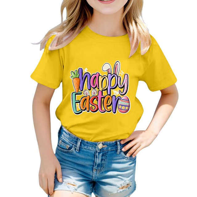 PMVFHDE T-Shirt Graphique à Manches Courtes Imprimé Lapin de Pâques pour Enfants, Col Rond, Décontracté, Printemps Été, Jaune, 8-9 Ans