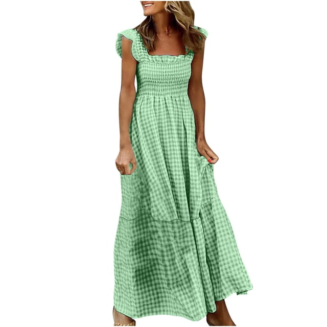 Women’s Smocked Ruffle Maxi Dress Sleeveless Square Neck Boho Long Sundress Summer Beach Vacation Dress