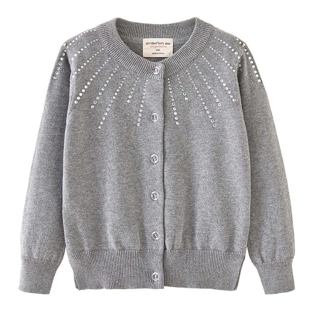 RXIRUCGD Girls Rhinestone Knitted Cotton Cardigan Jacket( Gray, Size:9 Years )
