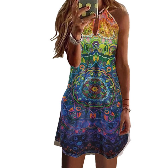 Langgg Robe Courte Décontractée Imprimée Sans Manches Esthétique Élégante Mignonne Robe de Plage Vacances Club Vêtements d'Été Fleur Verte 2TG