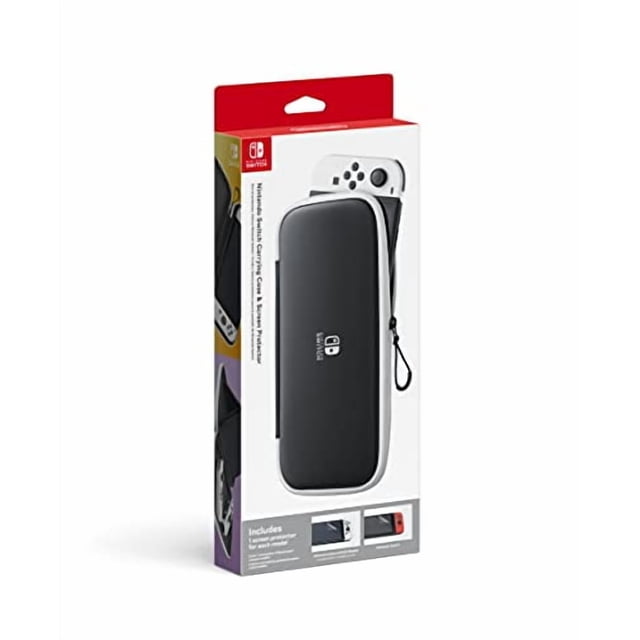 Nintendo Switch) Nintendo Switch Étui de Transport et Protecteur d'Écran ( en Noir avec Garniture Blanche, Présenté dans un Emballage de Vente au Détail avec l'Avant de l'Étui et le logo Nintendo Switch, Conçu pour Protéger et Transporter la console Nintendo Switch, Comprend des Protecteurs d'Écran pour les Modèles standard et OLED, Convient pour Ranger en Toute Sécurité les Accessoires de Jeux Vidéo pendant le Voyage.