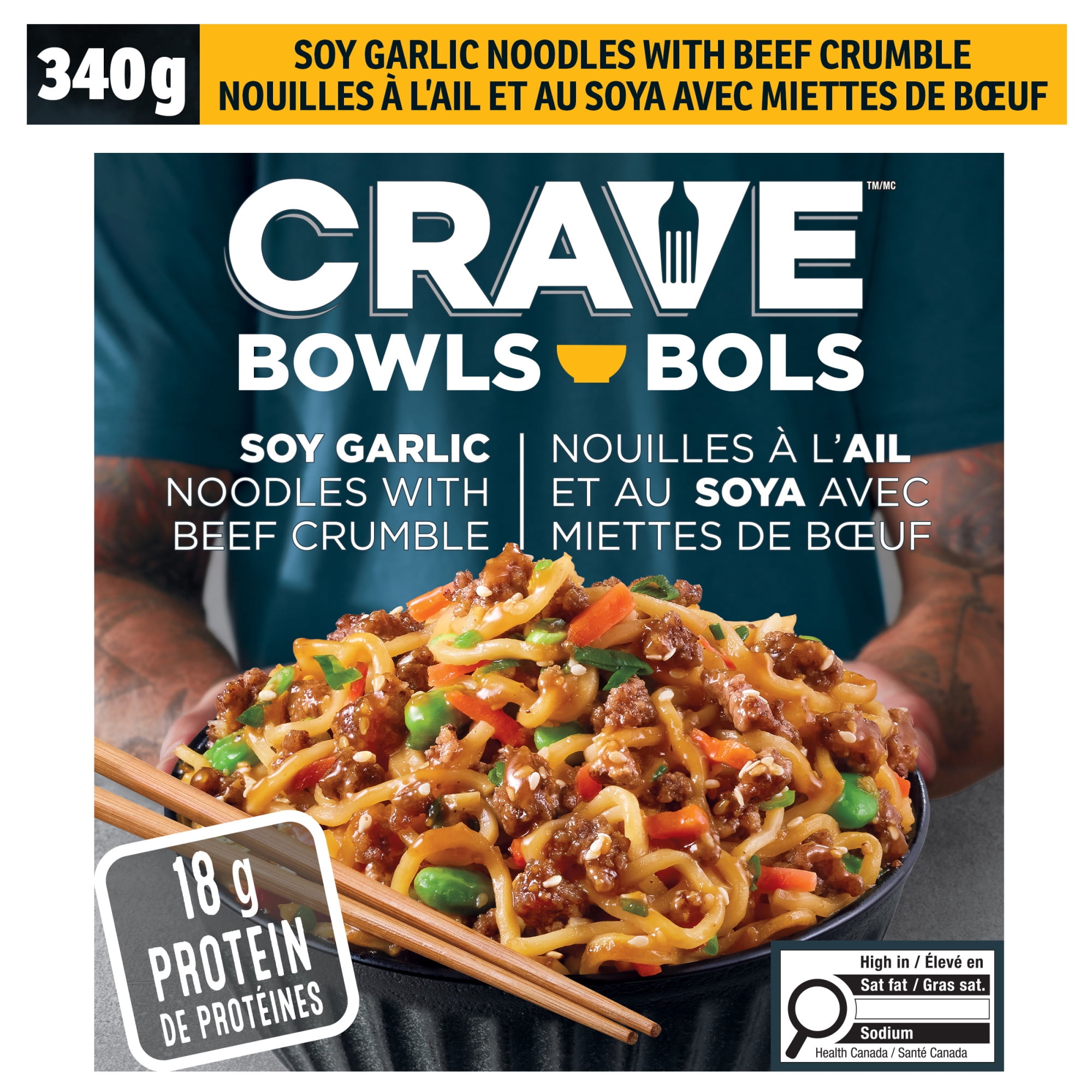 CRAVE Soy Garlic Noodles with Beef Crumble Noodle Bowl, 340 g Box, CRAVE SOY GARLIC NOODLES W/BEEF