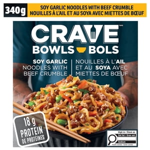 CRAVE Soy Garlic Noodles with Beef Crumble Noodle Bowl, 340 g Box, CRAVE SOY GARLIC NOODLES W/BEEF