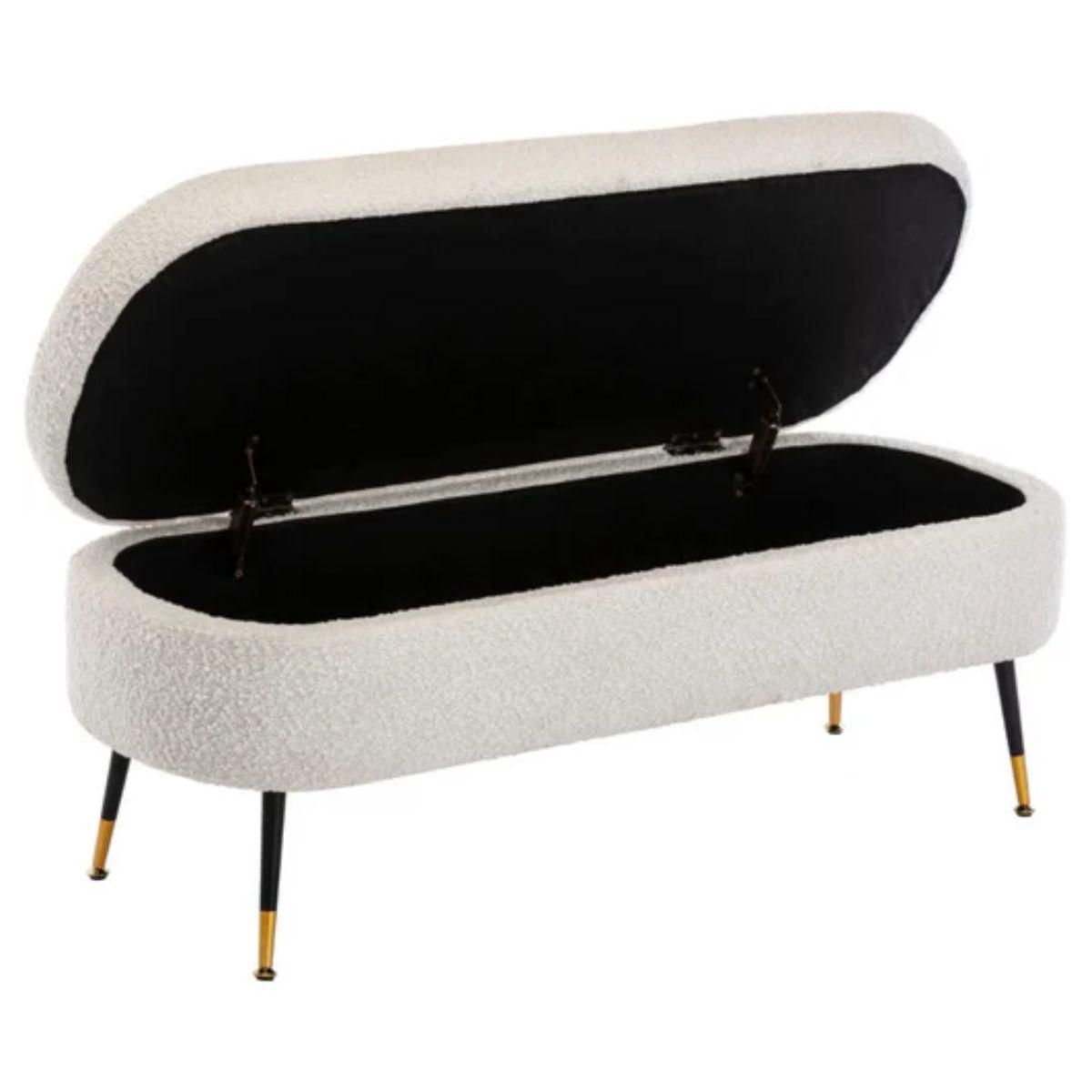 Banc de rangement Pacha avec tissu bouclé blanc et pieds noirs avec détails dorés