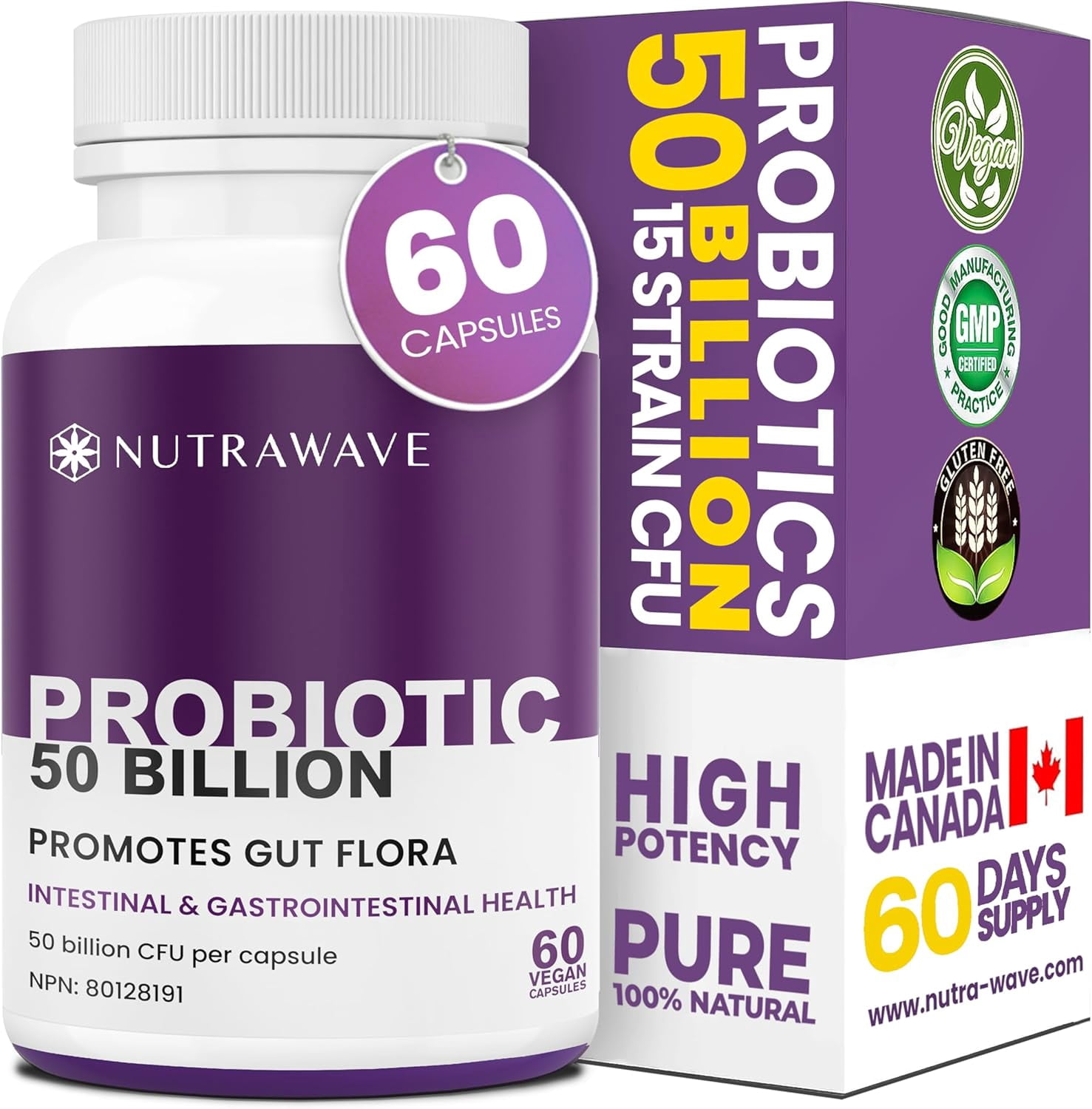 Nutrawave Probiotique Quotidien 50 Milliards, Formule à 15 Souches pour le Soutien Digestif et Immunitaire des Adultes, 60 Capsules