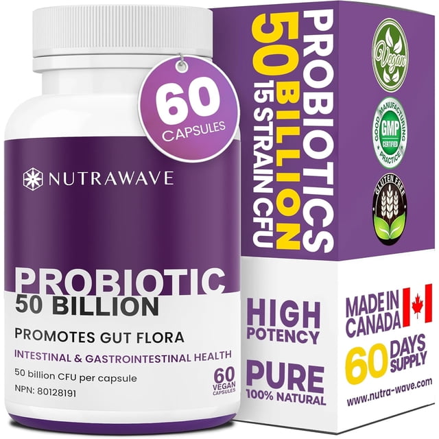 Nutrawave Probiotique Quotidien 50 Milliards, Formule de 15 Souches pour le Soutien Digestif et Immunitaire des Adultes, 60 Capsules. l'Image Affiche une Bouteille Violette avec la Marque « Probiotic 50 Milliards », Favorisant la Flore Intestinale et la Santé Intestinale. l'Emballage Met en Valeur 50 Milliards de UFC par capsule, Végétalien, Sans Gluten et Fabriqué au Canada. Il Mentionne Aussi une Haute Puissance, 15 Souches et un Approvisionnement de 60