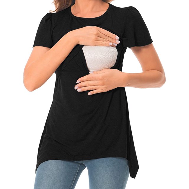 Vêtements de Grossesse Offres de l'Action de Grâce Liquidation Été Vêtements de Maternité pour Femmes Col Rond Manches Courtes Volants Pli Hauts de Grossesse