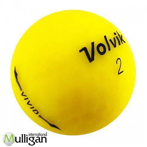 Mulligan - 12 Volvik Vivid 5A recycled used golf balls in yellow, showing a close-up of one ball with black Volvik branding, number 2, and Vivid text on a matte yellow surface, designed for excellent tee-to-green distance, soft feel, and near-green control.