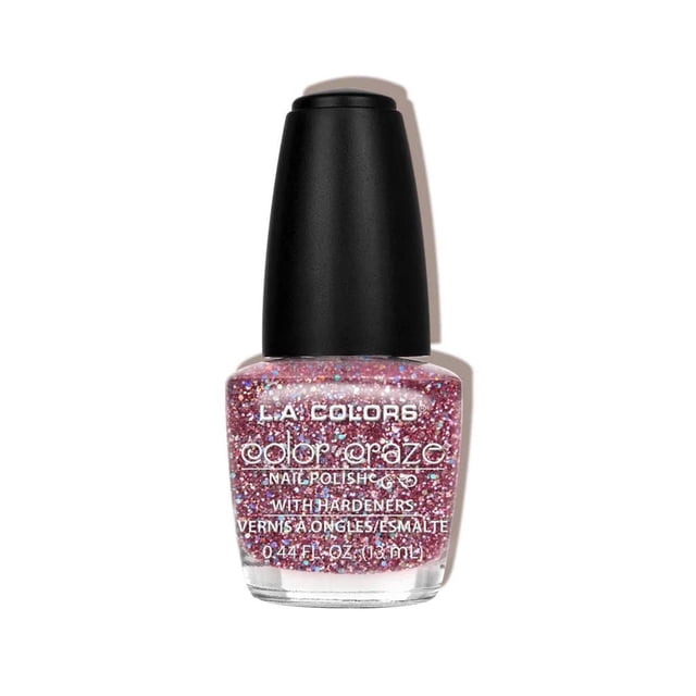COLOR CRAZE NAIL POLISH - COCKTAIL by L.A. COLORS, a 13 ml bottle of multicolour glitter nail polish with hardeners in a clear glass bottle and black cap, formulated to strengthen nails and add vibrant sparkle, suitable for everyday wear or special occasions.