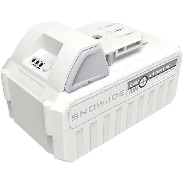 Snow Joe + Sun Joe iON+ 24VBAT-XR EcoSharp® Pro Batterie au Lithium-Ion, 24 Volts, 5,0 Ah, Bloc-Batterie rechargeable Blanc avec Côtés Nervurés et Poignée Supérieure, avec Image de Marque Snow Joe et Étiquette 24V iON+, compatible avec les Outils Électriques d'Extérieur Sans Fil Snow Joe et Sun Joe pour un Fonctionnement Sans Émissions.