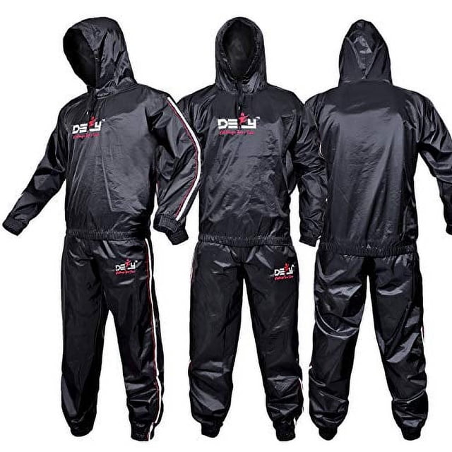 DEFY Heavy Duty Sweat Suit Sauna Exercise Gym Suit Fitness, Weight Loss, Anti-Rip, with Hood (Large). A black sauna suit with a rubberized inner lining, elasticated cuffs, and oversized fit for enhanced sweating during workouts. The suit features a hood, long sleeves, and matching pants with DEFY branding on the chest and leg. Designed for both men and women, it promotes weight loss and toxin release through perspiration. Suitable for exercise or household chores.