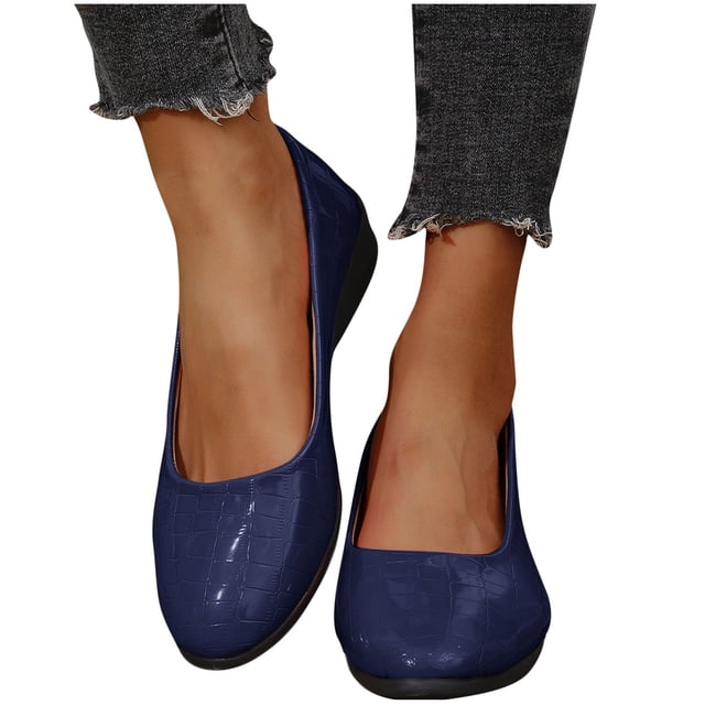 Wedge Shoes for Womens Slip on Stone Embossing Pointy Toe Leather Dress Shoes Blue