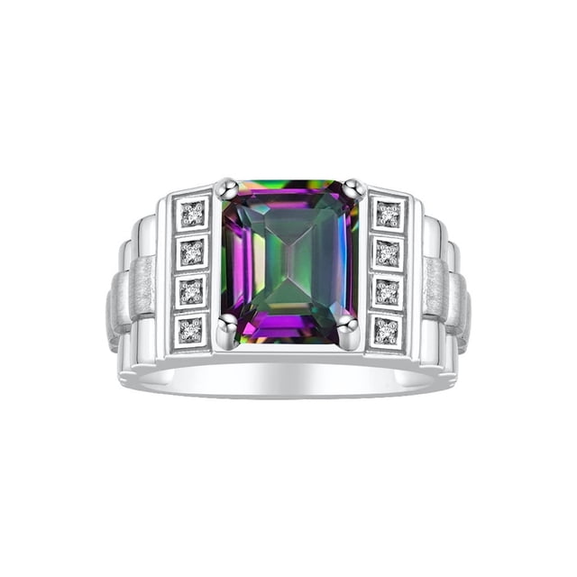 RYLOS Men's Rings 14K White Gold Designer Style 10X8MM Emerald Cut Shape Gemstone & Diamonds Alexandrite June Birthstone Rings For Men Size 9