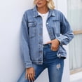 thumbnail image 1 of WRKEKC Veste en Denim pour Femme Camionneur Classique à Manches Longues Col Sans Capuchon Poids Moyen Extensible Incontournable Confortable Décontractée pour Tous les Jours pour l'Automne Bleu TG, 1 of 5