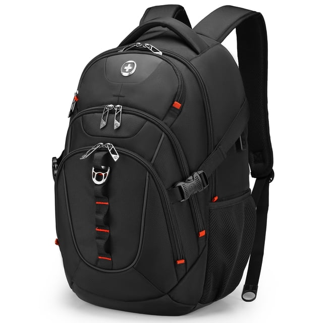 Swissdigital Vector School Rucksack Cabin Backpack – 17" Laptop Bag featuring a sleek black design with reflective trim and red accents. Equipped with SDD Finder compatible with Apple Find My and Android systems, an integrated USB charging port, and RFID protection. Includes multiple compartments, padded shoulder straps, and an Add-A-Bag system for travel convenience.