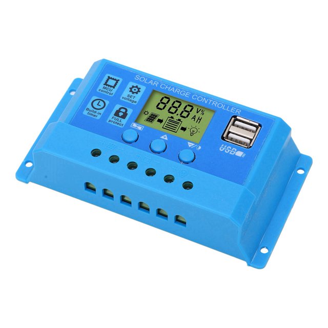 Solar Controller PWM LCD Display Parameter Adjustable 2 USB Solar Regulator Blue 12V 24V for Various Types of Batteries
