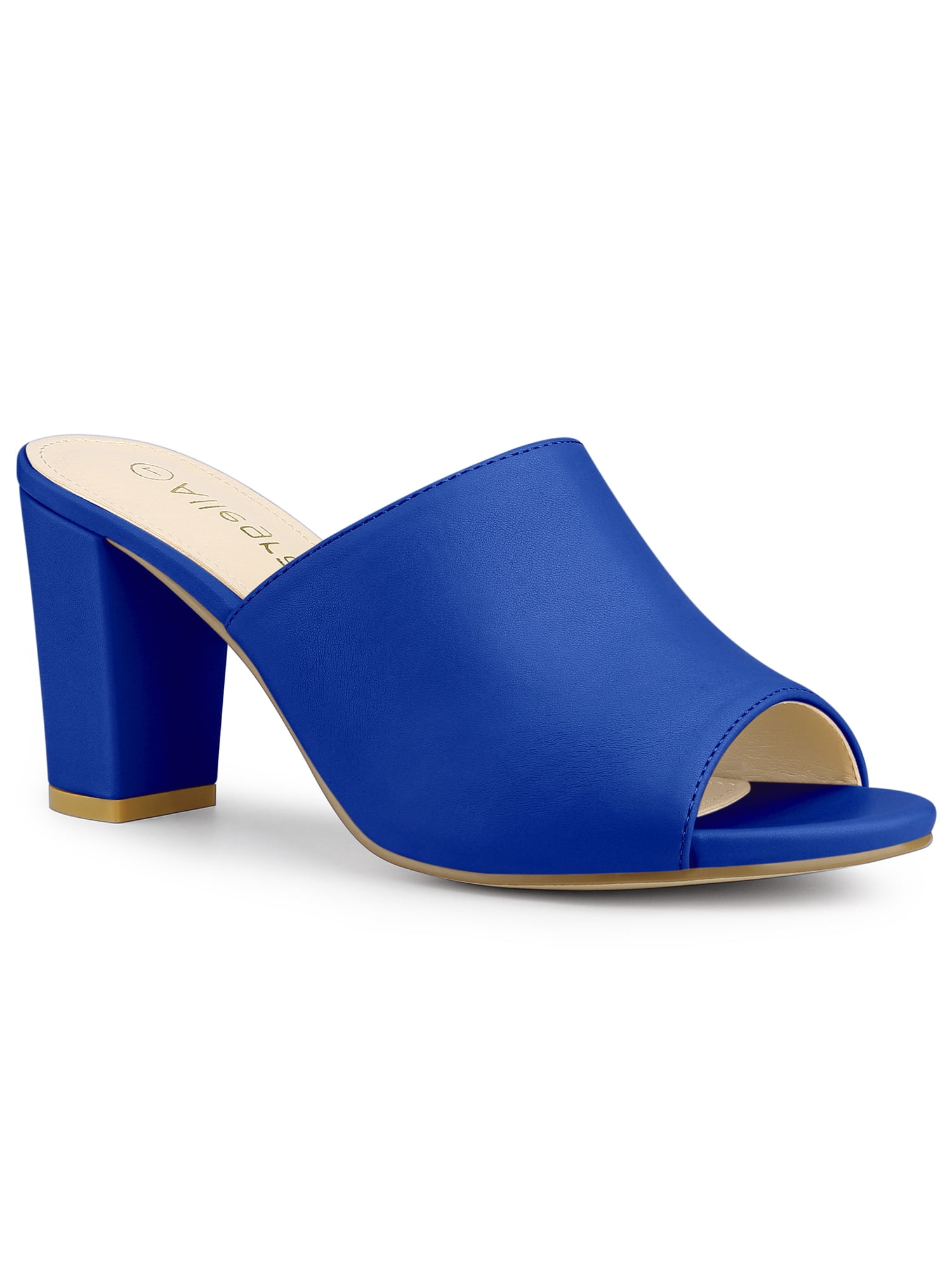 BLISSFUL STEP Women's Slip on Block Heel Slide Sandals Mules Blue 6.5