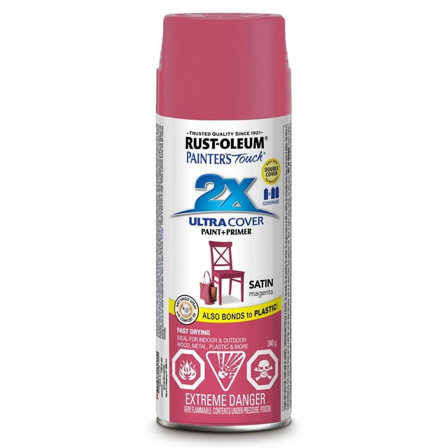 Painter's Touch 2X Ultra Cover Satin Magenta spray paint can by Rust-Oleum with magenta cap, combining paint and primer for fast drying, excellent coverage on wood, metal, plastic, and more, featuring any angle spray and comfort tip to reduce fatigue during use.