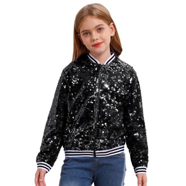 TSSOE Kids Girls Sequin Jacket Long Sleeve Zipper Up Party Glitter Bomber Jacket Sparkle Outwear Black 6