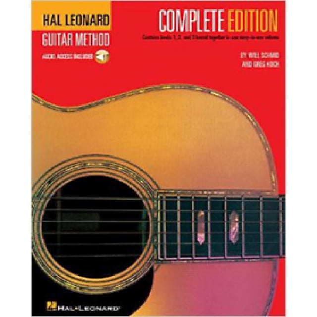 Hal Leonard Guitar Method, Édition Complète : Livres 1, 2 et 3, Ensemble de Couverture Orientée vers l'Avant Montrant le Titre, logo de l'Auteur Greg Koch et Hal Leonard USA, photo de Cou de Guitare Acoustique visible et Échantillon de Feuille - notation Musicale sur Fond Blanc; Ensemble de Livre de Méthode Guitare Convenant à l'Apprentissage des Accords, à la Lecture des Tablatures et à la Pratique en Classe.