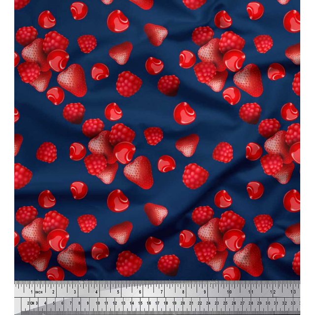 Soimoi Rayon Fabric Raspberry,Strawberry & Cherry Fruits Printed Fabric 1 Yard 56 Inch Wide