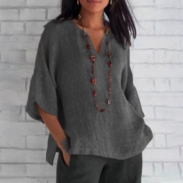 Meichang Cotton Linen Tops for Women 3/4 Sleeve V Neck T Shirts Shirts Casual Solid Blouses Loose Fit Oversized T Shirts Pullover Tops Lightweight Going Out Blouses