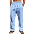 thumbnail image 1 of WRKEKC Casual Pants for Men Solid Color Spring Summer Thin Cotton Linen Look Leisure Straight Leg Tie Drawstring Trousers, 1 of 9