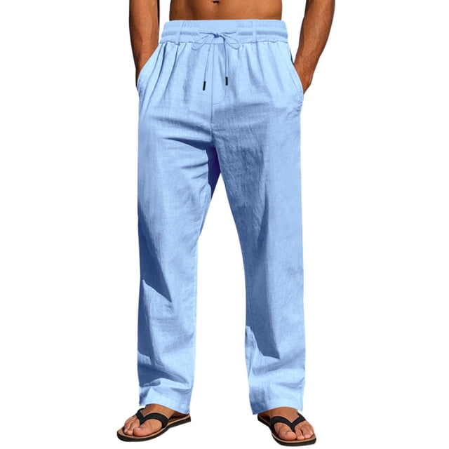 WRKEKC Casual Pants for Men Solid Color Spring Summer Thin Cotton Linen Look Leisure Straight Leg Tie Drawstring Trousers