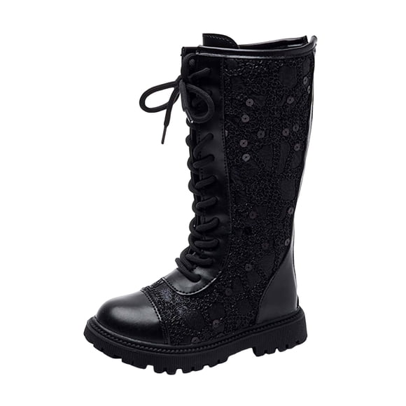 Gubotare Boots for Girls Girl's Knee High Riding Boots Lace Up Side Zipper Combat Boots Non Slip Gothic Knight Boot Sole Chunky Heels Shoe Size 10 (Black,Little Kids 10)