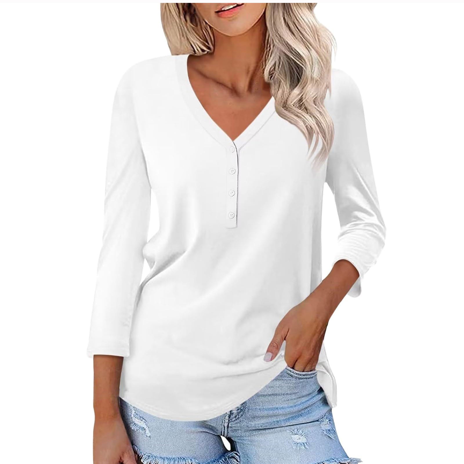 Timegard Womens Tops V-Neck Button 3/4 Sleeve Solid Color Tee Shirts Casual Tunic Tops for Leggings