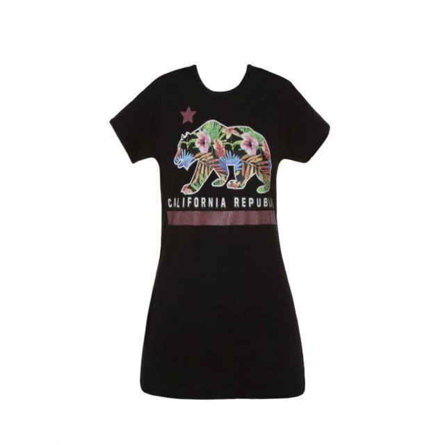Cali T-Shirt à Manches Courtes pour Femmes Cali Pride Fleurs de la République Fornie Noir Grand