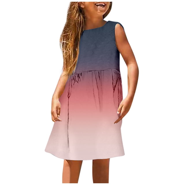 FhsagQ Robes Filles Été Sans Manches Robe Ligne Confort Col Rond Décontractée avec Imprimé Dégradé pour Tout-Petits Enfants Plage Extérieur Marine 13-14 Ans