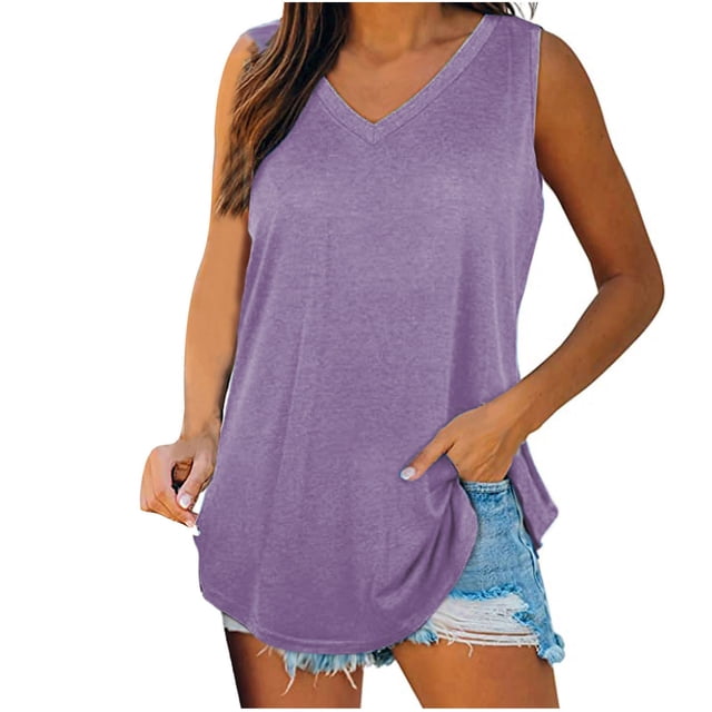 AherBiu Womens Tank Tops V Neck Basic Solid Color Tops Flowy Loose Fitted Summer Sleeveless Camis Shirts