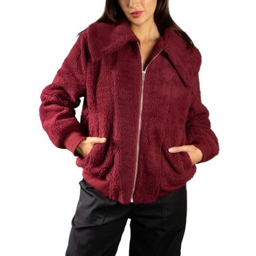 Jess by Meiko Vestes pour Femmes Manches Longues Col Surdimensionné Poches avant Fermeture Éclair Bomber en Peluche Bourgogne