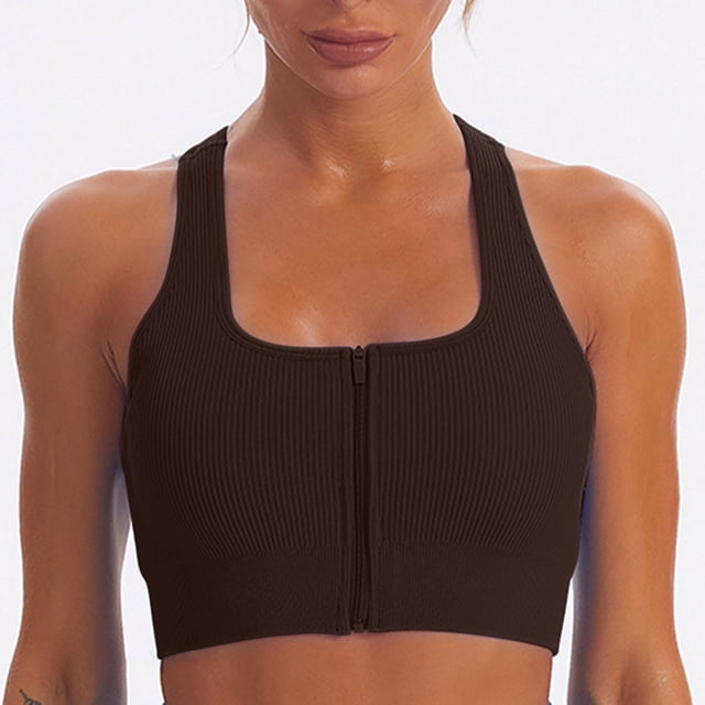 ylioge Sports Bras for Women Front Closure Zipper High-Impact Ribbed Wireless Push-Up Stretchy Racerback Solid Comfort Workout Underwear Bralettes