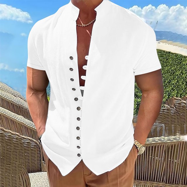 DPTALR Hommes Casual Stand Col Manches Courtes Bouton Fermeture Chemise Hawaii Blouse