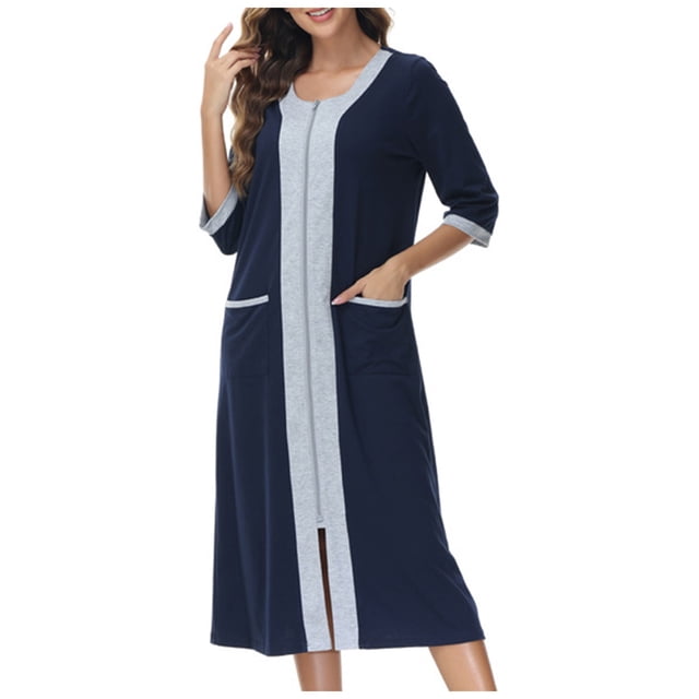 Timegard Nuisette pour Femmes Robe à Fermeture Éclair Robe de Maison à Manches 3/4 à Blocs de Couleur Longue Tenue de Nuit avec Poches