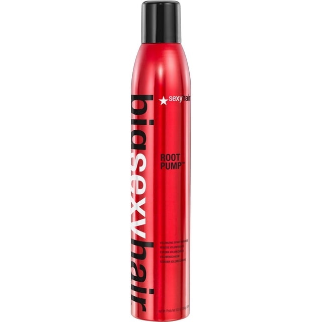 Big Sexy Hair Root Pump Mousse Spray in a red metallic cylindrical can with black cap, featuring bold black and white branding. This hair styling mousse volumizes roots with a spray-to-mousse formula, ideal for adding lift and fullness to fine or medium hair.