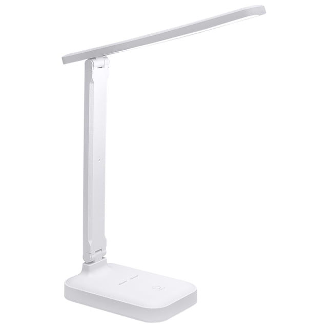 New Desk Lamp, Student Specific Eye Protection LED, Children's Learning and Reading Light, Bedroom Bedside Light. Features a sleek white design with an adjustable arm and foldable head for portability. Includes a built-in USB port for charging devices, a touch-sensitive control panel, and customizable lighting with three color temperatures and stepless dimming. Compact size of 25.5 x 24 x 13.5 cm, suitable for desks, bedside tables, or study areas.