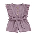 thumbnail image 1 of Toddler Baby Girl Clothes Rompers Ribbed Ruffle Sleeveless Button Belted Romper Short Jumpsuit Summer Outfit Brick Red 12-18 Months, 1 of 7