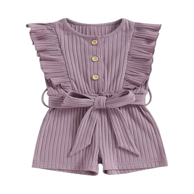 Toddler Baby Girl Clothes Rompers Ribbed Ruffle Sleeveless Button Belted Romper Short Jumpsuit Summer Outfit Brick Red 12-18 Months