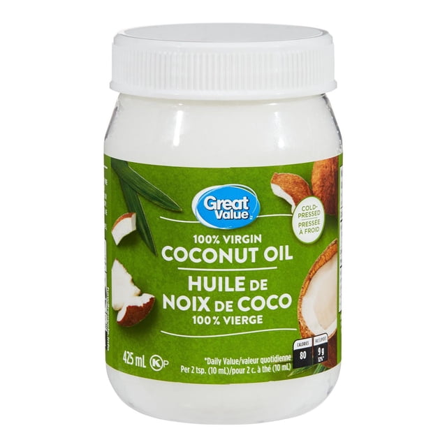 Great ValueTM Huile de Coco 100 % Vierge dans un Pot en Plastique Transparent de 425 ml avec Couvercle Blanc à Vis, Présentant une Étiquette Verte avec des images de Noix de Coco et un Texte Bilingue, Pressée à Froid pour la Pureté et la Qualité, Idéale pour la Cuisson, la Pâtisserie et le Sauté à Haute Température.