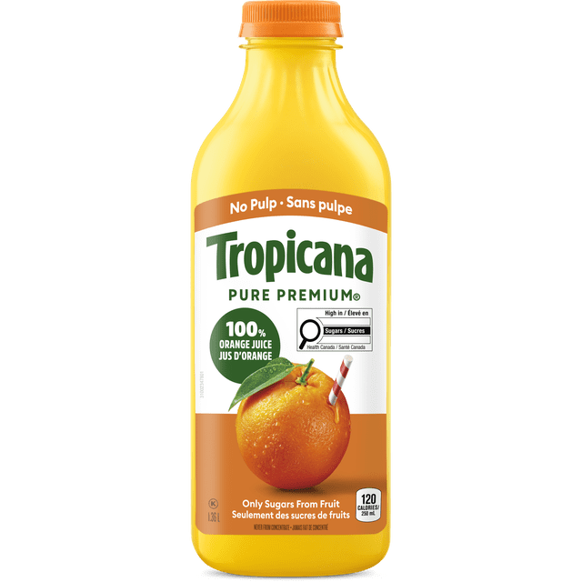 Tropicana 100 % Pure Orange Juice No Pulp 1.36L bottle with orange cap, featuring a front label with an orange fruit and straw graphic, highlighting 100% pure natural orange juice, no pulp, 120 calories per 250mL serving, and a natural source of vitamin C and potassium, suitable as a refreshing fruit juice.