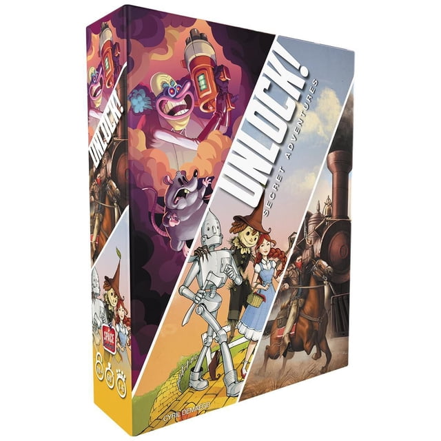 Unlock!: Boîte de Jeu de Cartes Aventures Secrètes Mettant en Vedette des Personnages Illustrés Incluant un robot, un Épouvantail et une Fille sur une Route en Briques Jaunes, un Chevalier à Cheval Près d'Un train à Vapeur, et un Méchant de Dessin Animé avec une Grande Arme Futuriste sur un Fond Coloré et Enfumé, Représentant le Jeu style Salle d'Évasion Coopérative.